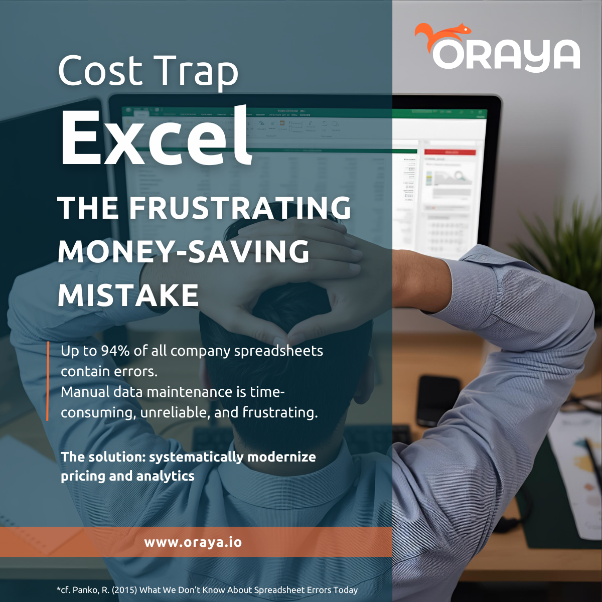 Frustrated man at a computer with an Excel spreadsheet; text overlay: Cost Trap Excel — up to 94% of all company spreadsheets contain errors